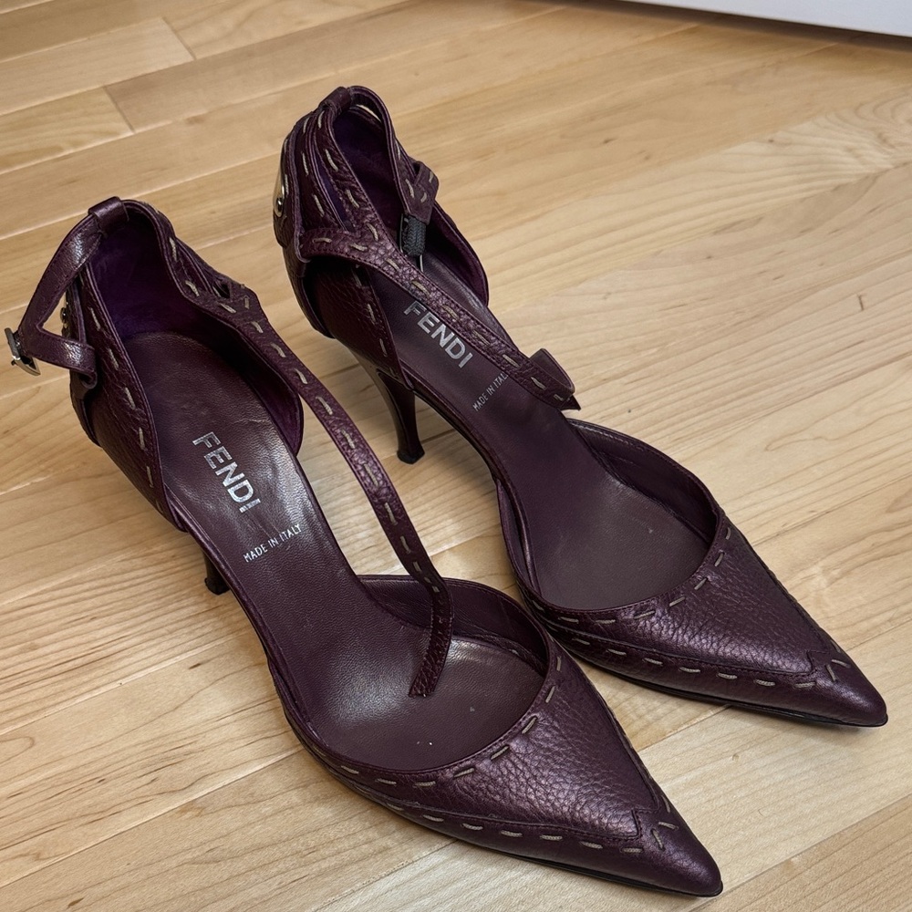 Fendi Pointed Toe Ankle Strap Heels in Deep Plum